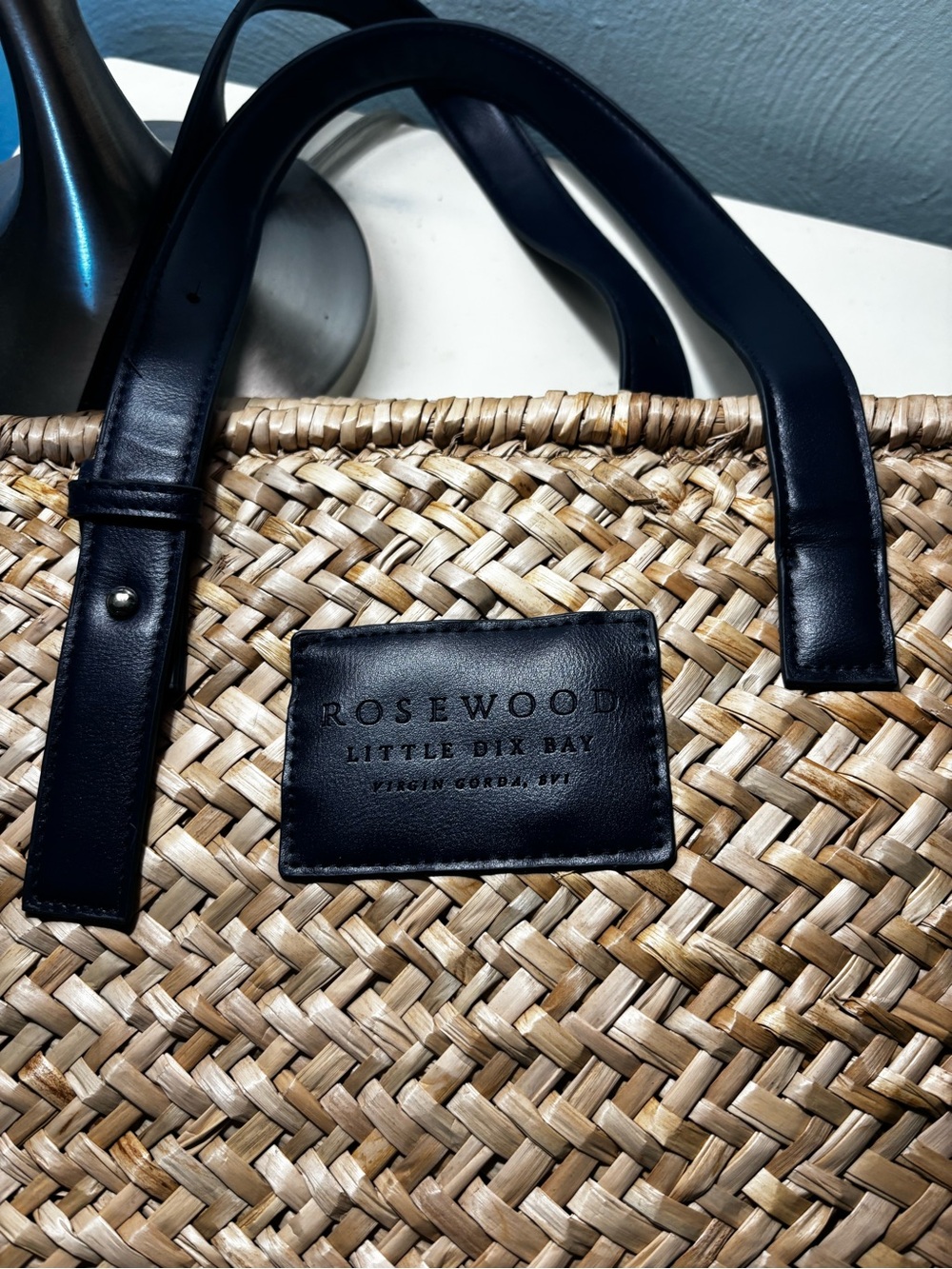 Woven Straw Tote with Navy Leather Handles